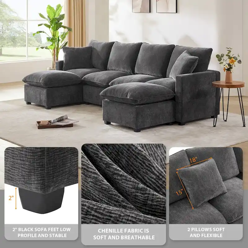 Modern 6-Seat Free Combination U-Shaped Modular Sofa, Sectional Couch Set with 2 Pillows
