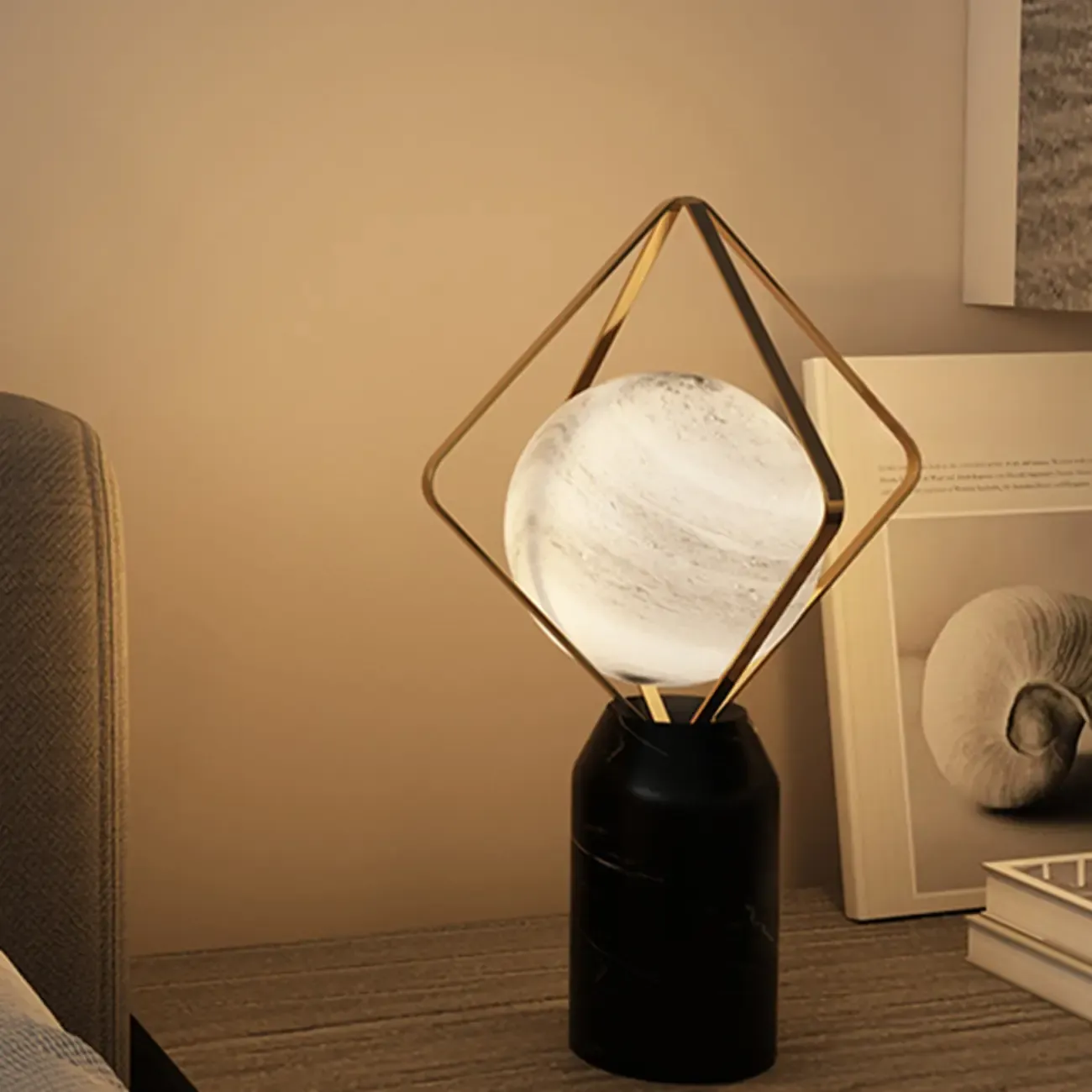 Elegant Plug-In Globe Stone and Glass LED Table Lamp