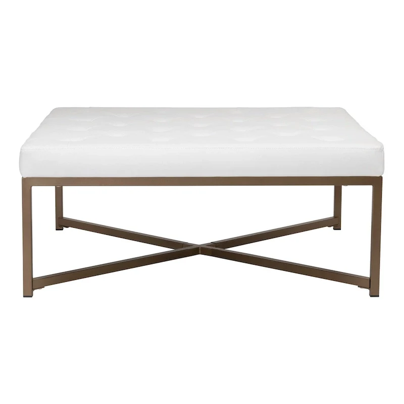 Metal and Tufted Leather Large Cocktail Ottoman