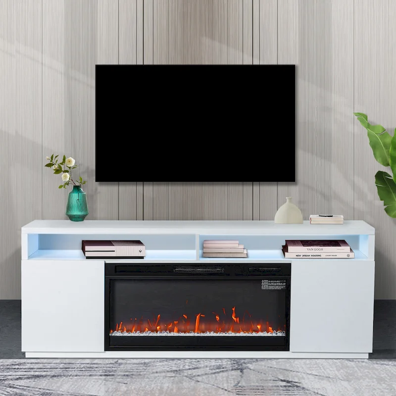 68 Modern RGB LED White TV Stands Console with 36 Fireplace