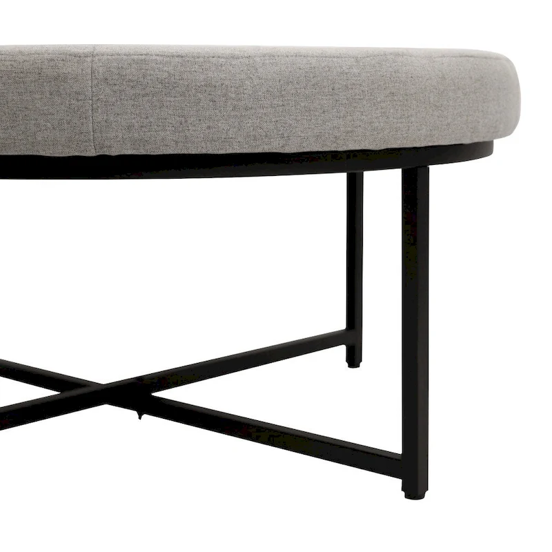 Tufted Round Cotton Linen Ottoman with Iron Frame