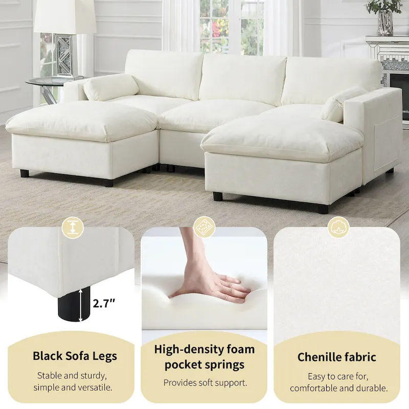 U Shaped Chenille Modular Sectional Cloud Sofa with 2 Ottoman, Pillows