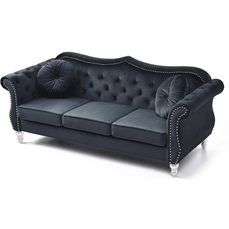 Hollywood 82 in. Velvet Chesterfield 3-Seater Sofa with 2-Throw Pillow - 82L x 35W x 34H