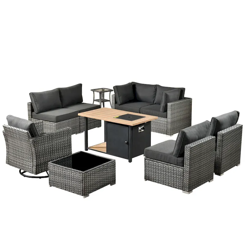 HOOOWOOO 10-piece Grey Rattan Patio Furniture Set with Fire Pit