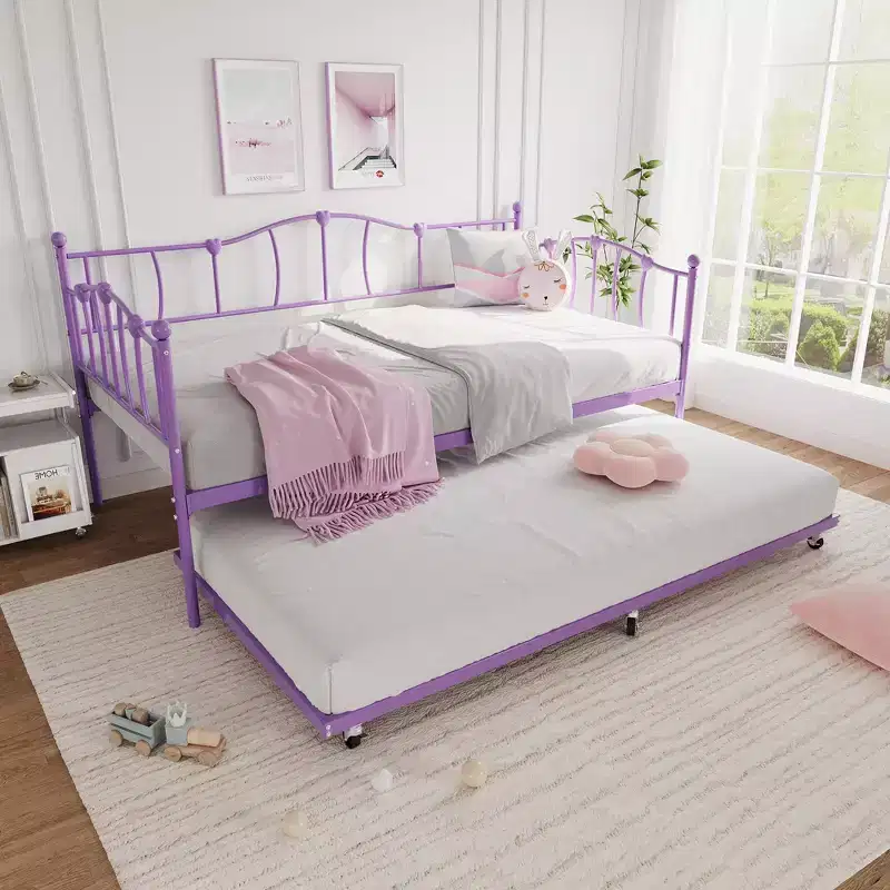 Metal Twin Daybed With Trundle Bed, Twin Size Day Bed With Pullout Trundle and Headboard, Metal Sofa Bed Frame With Steel Slat Support
