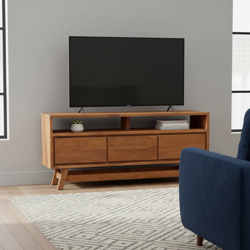 3-Drawer Solid Teak TV Cabinet – Natural Wood, Scandinavian Style
