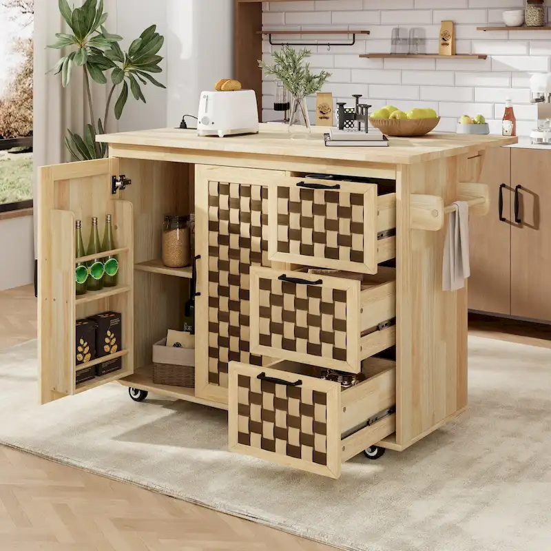 3D Woven Checkerboard Pattern Kitchen Island with Drop Leaf, Internal Storage Rack, Power Outlet, 3 Drawers and 2 Cabinets