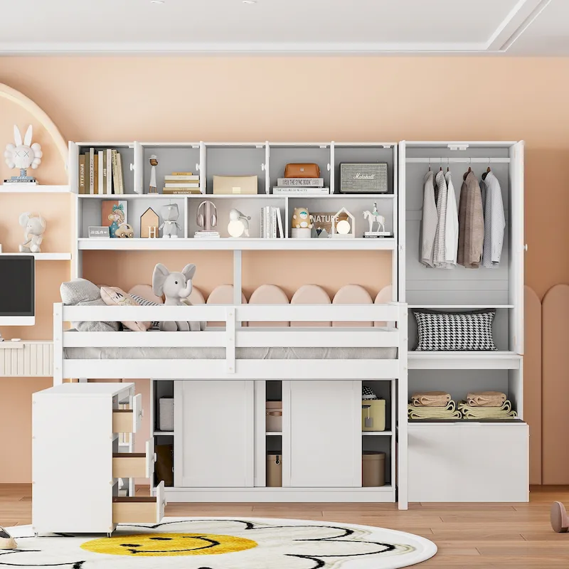 White Full Size Wooden Loft Bed with Integrated Wardrobe and Under-bed Desk