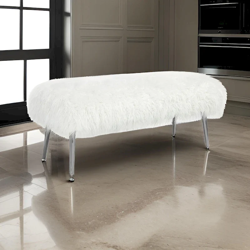 Ammy 45 Inch Bench with Foam Fill Seat, White Faux Fur, Silver Metal Legs