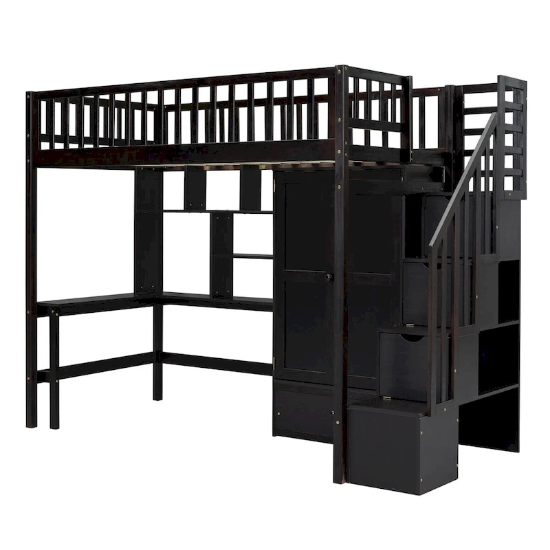 Twin Solid Wood Loft Bed with Integrated Desk and Wardrobe for Storage Solutions