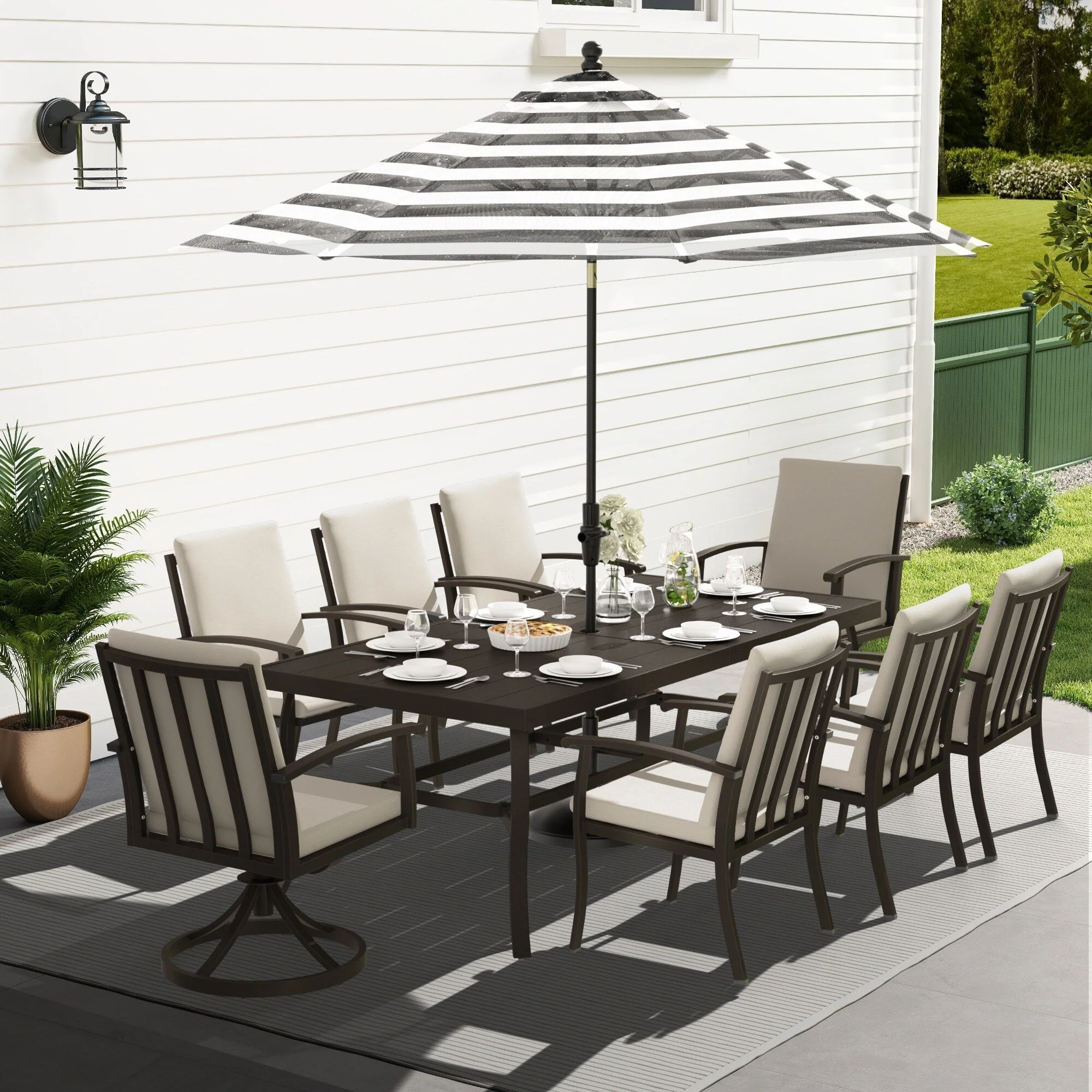 EGEIROS LIFE AluLux 9-Piece Aluminum Patio Dining Set with 2 Swivel Dining Chairs, 6 Dining Chairs and Washable Cushions