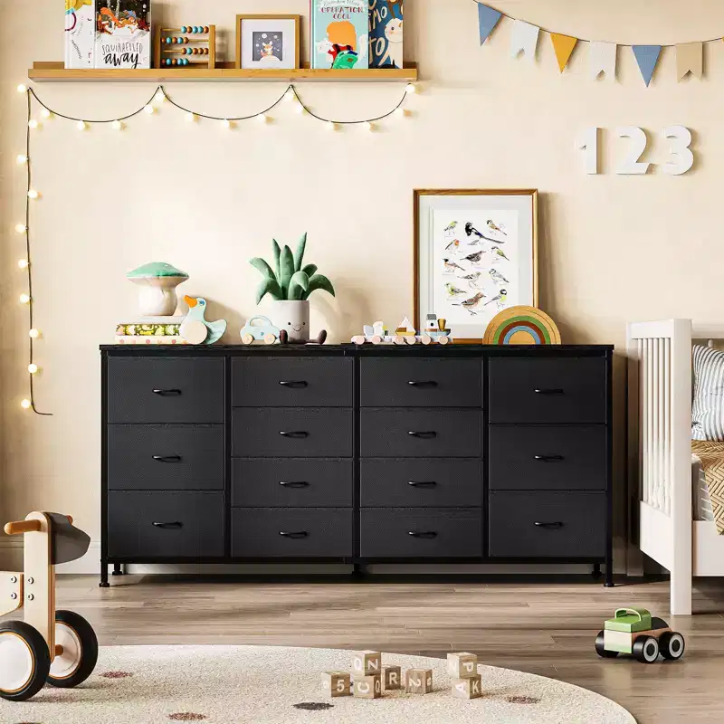 63 W Dresser Tv Stand for 65 70 75 Inch Tv, 14 Drawer for Bedroom with Power Outlets, Large Long Fabric Dresser Entertainment Center