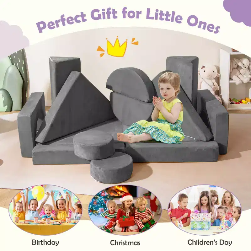Costway 14 PCS Modular Kids Play Couch Child Sectional Sofa Toddler Soft Playset Blue/Gray/Yellow