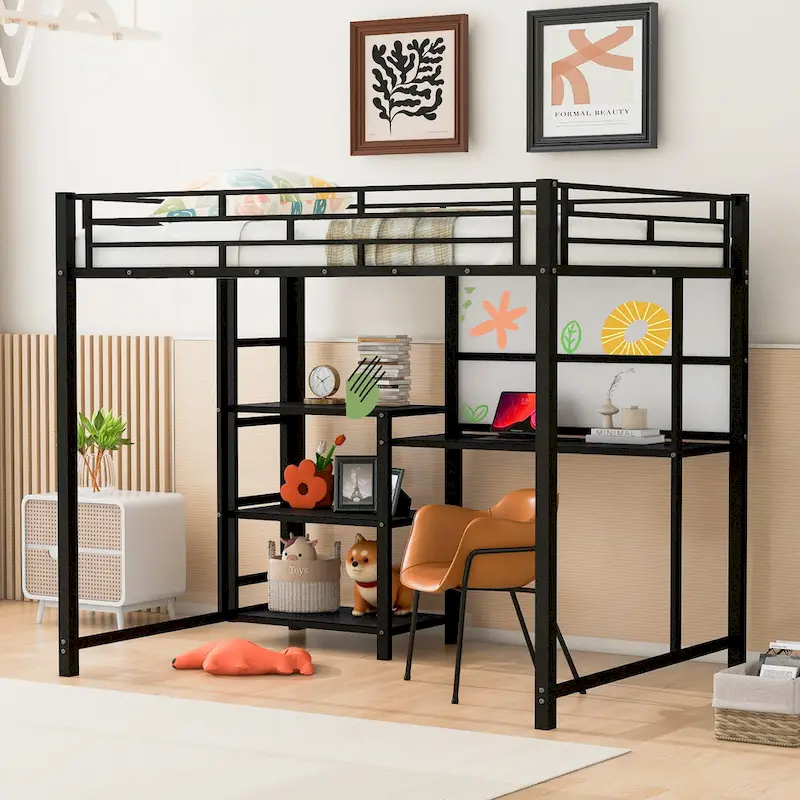 Metal Loft Bed with 3 Shelves and Ladder