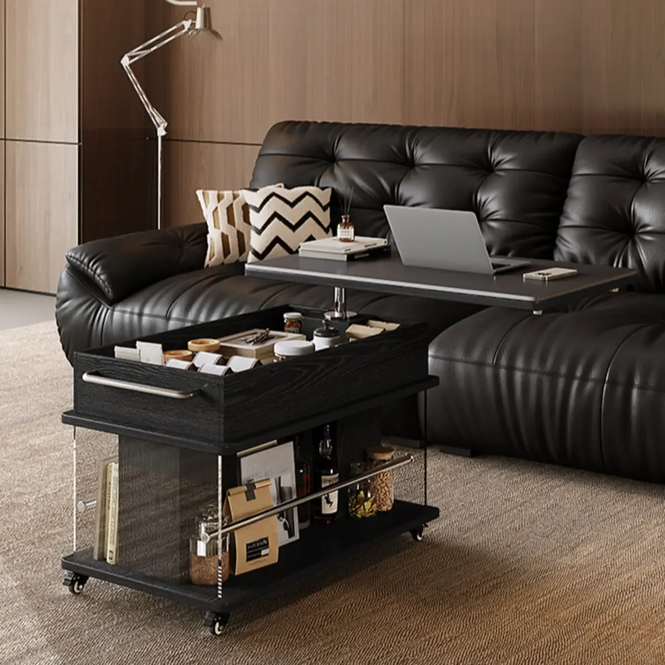 Black Lift Top Storage Rolling Coffee Table For Living Room