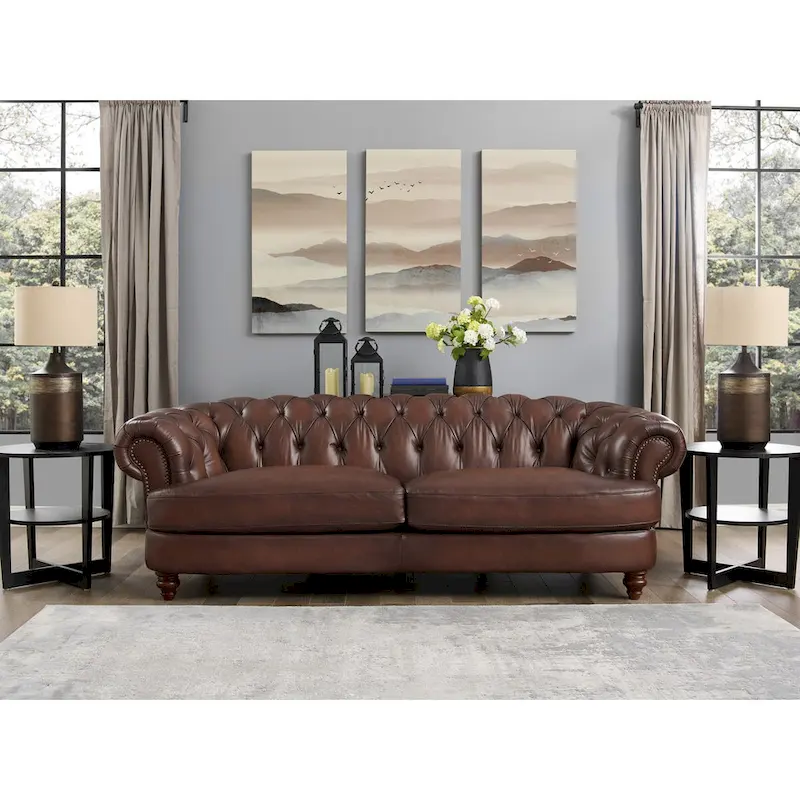Hydeline Newport Top Grain Chesterfield Leather Sofa with Feather, Memory Foam and Springs