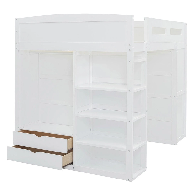 Merax Loft Bed with Desk, Wardrobes, 4 Drawers and 4 Shelves