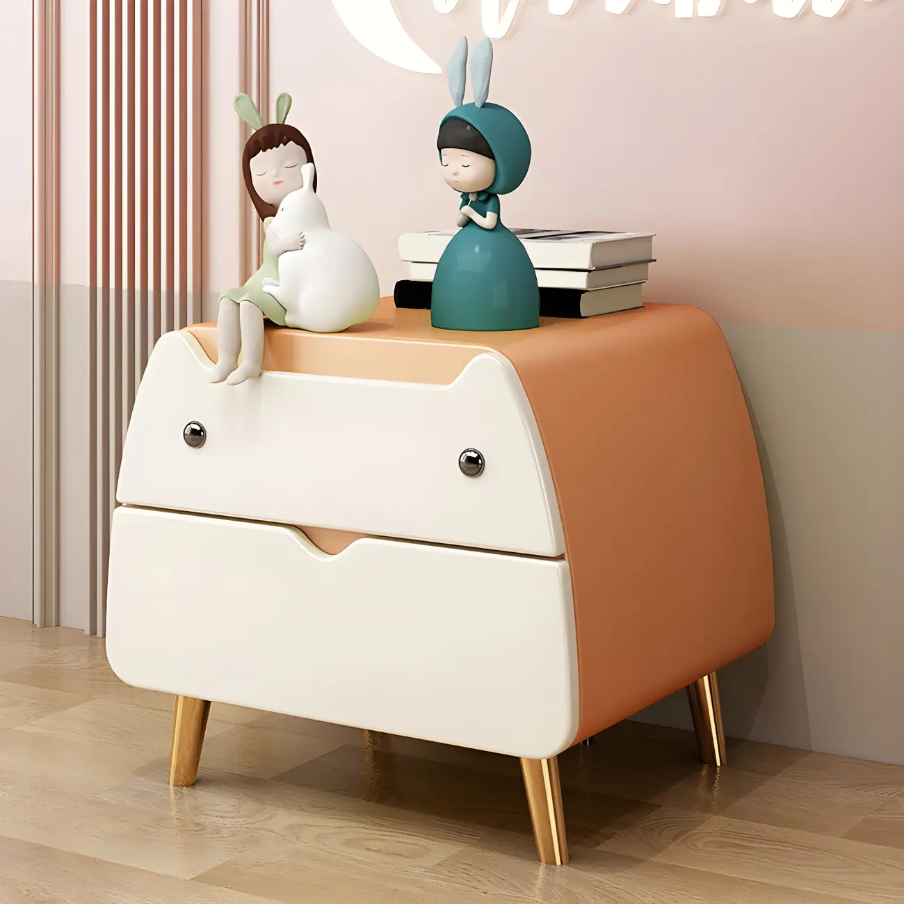 Pink Cute Cat Shape Scandinavian Nightstand with 2 Drawers