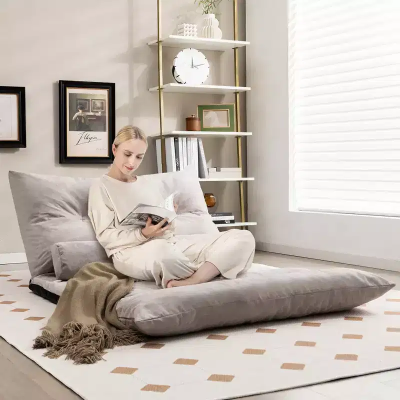 Convertible Lazy Sofa Bed with 42-Level Adjustable Backrest & 2 Lumbar Pillows Gray/Beige