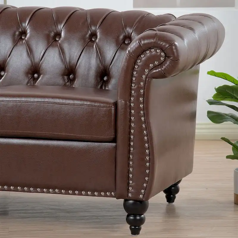 84.65 Chesterfield Tufted Faux Leather Sofa with Rolled Arms