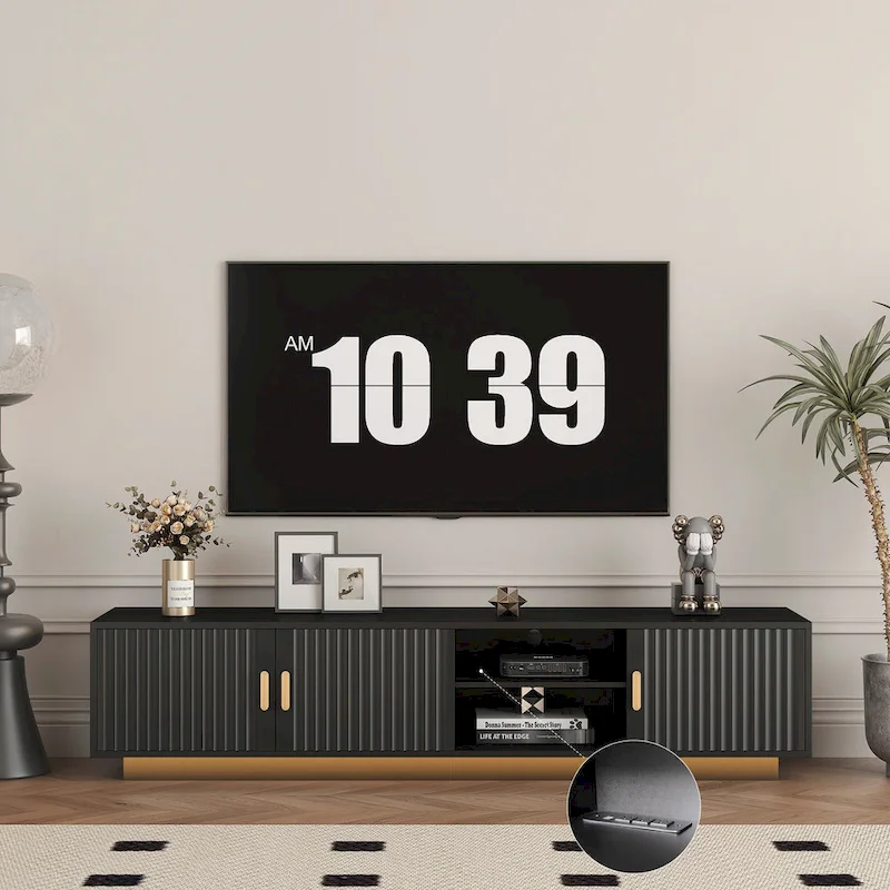 Black 65 Mid-Century TV Stand with LED Lights & Storage for TVs Up to 60