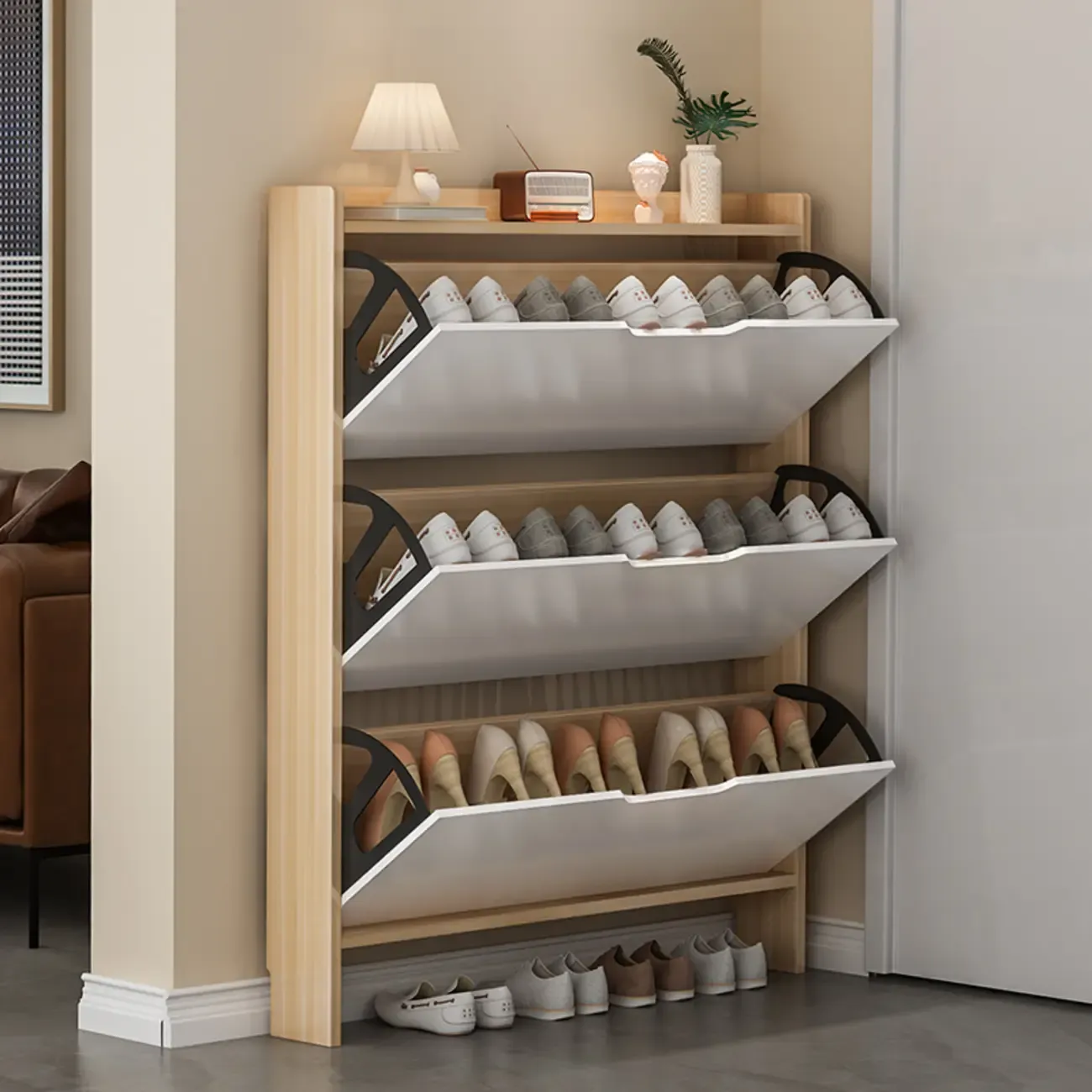 Efficient Minimalist Drop-Front Wood Adjustable Shoe Cabinet