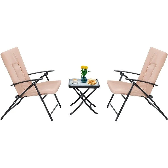 3-Piece Folding Patio Bistro Dining Set, Furniture Set with 2 Folding Reclining Chairs with Cushion and 1 Folding Glass Table