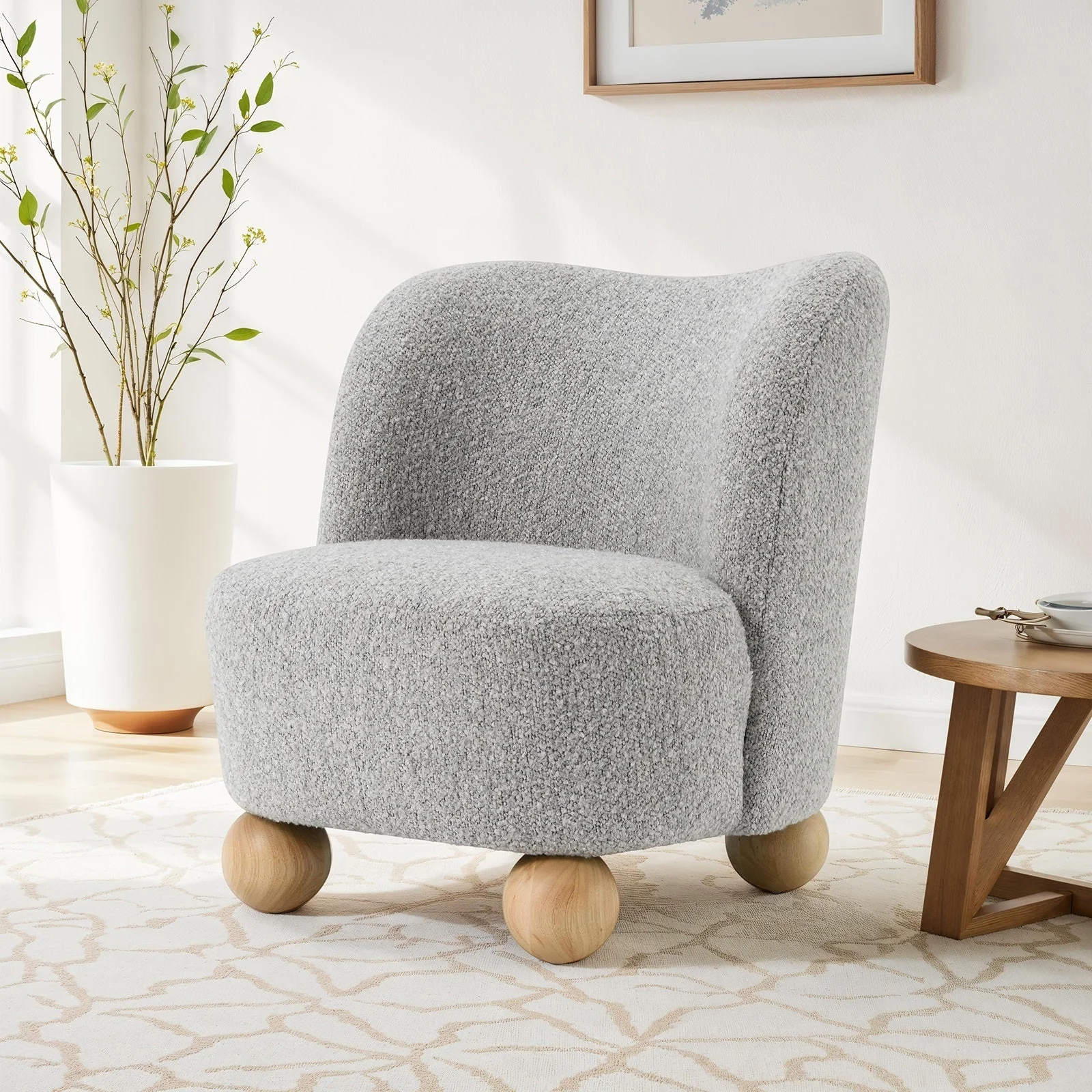 Curve Back Boucle Accent Chair with Ball Feet