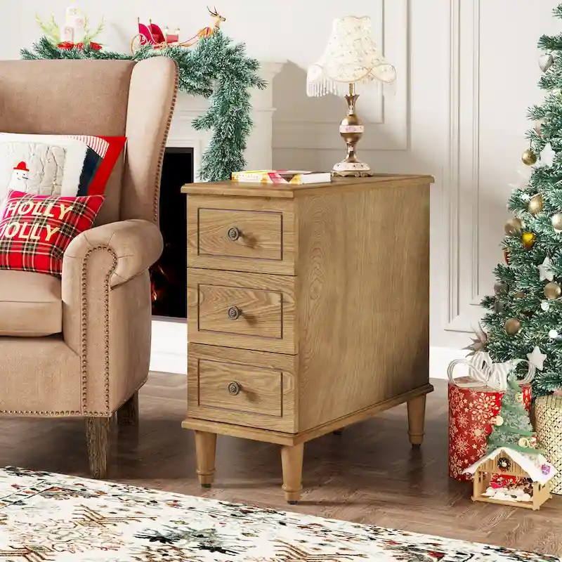 Wood End Table, Fully Assembled Narrow Side Table with 3 Drawers