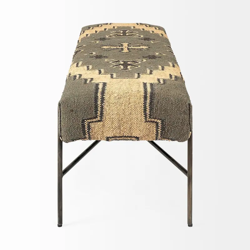 Avery I Olive & Beige Upholstered Patterned Seat Accent Bench - 55W x 17D x 18H