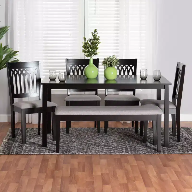 Modern Fabric & Wood Dining Set for 6 – 4 Chairs + Bench + Table