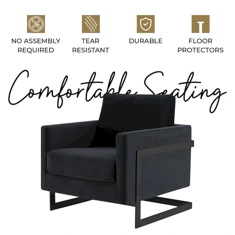 LeisureMod Lincoln Modern Velvet Arm Chair with Black Steel Frame - 35