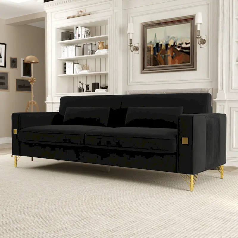 Black 85.63 Velvet 3-Seater Sofa with Gold Accents