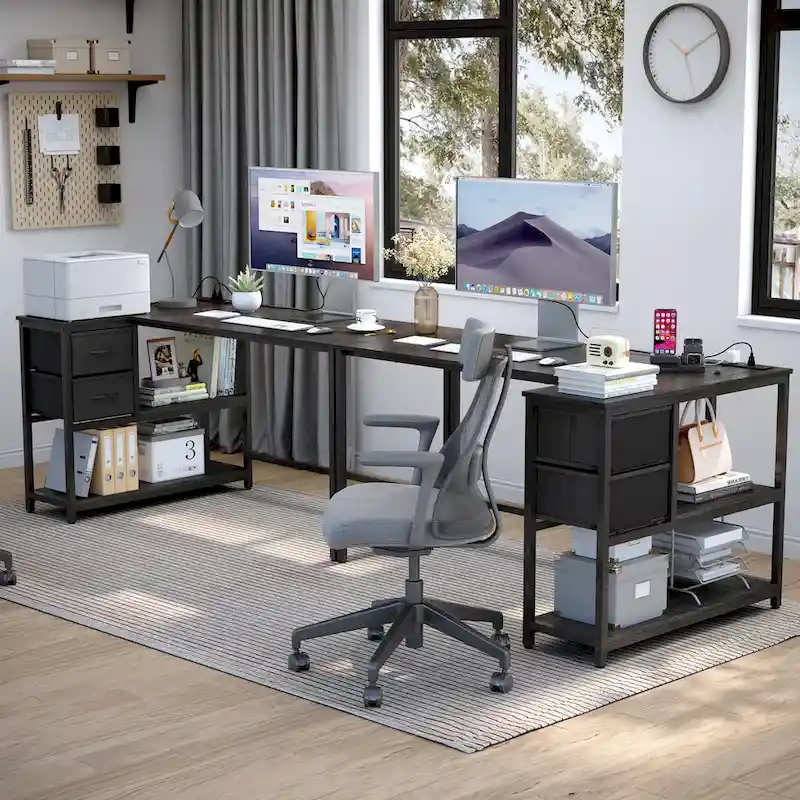 L Shaped Computer Desk with Charging Station Reversible Corner PC Desk with Drawer