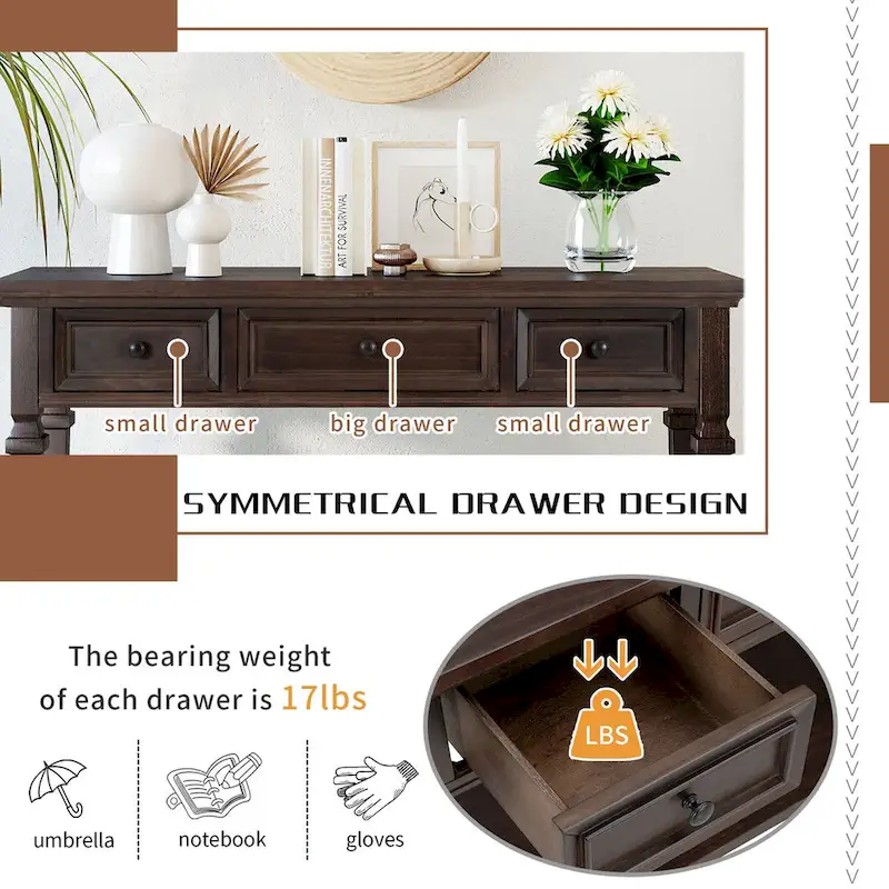 50 Farmhouse 50 Inch Classic Retro Console Three Top Drawers and Open Style Bottom Shelf, Sofa Table with Solid Wooden Frame