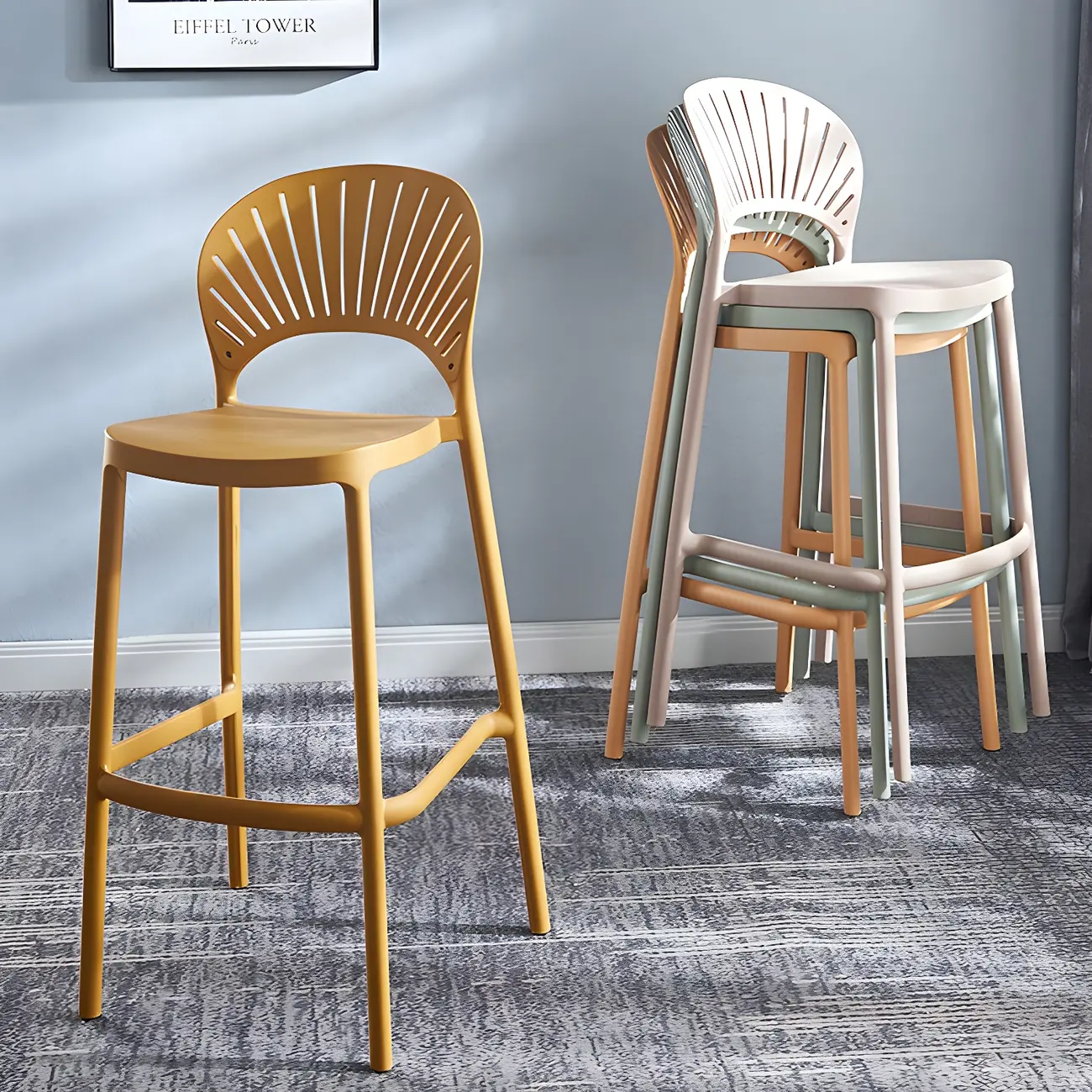 Modern Saddle Plastic Stackable Low Back Bar Height Stools