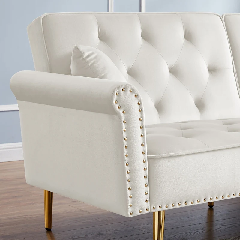 Velvet Tufted Sofa Couch with 2 Pillows and Nailhead Trim