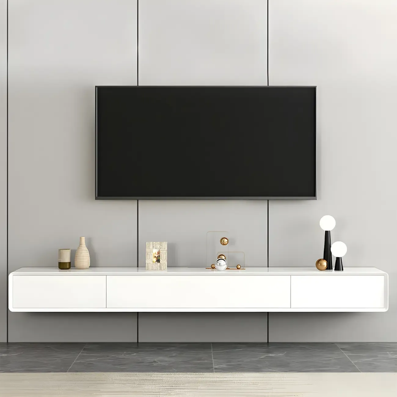 White Floating Mount Wood Drawers Cabinet TV Stand