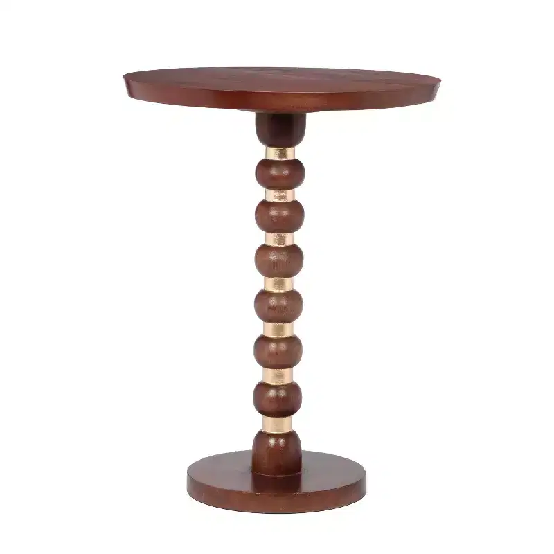 Brown Round Mango Wood End Table, Pedestal Base, Single