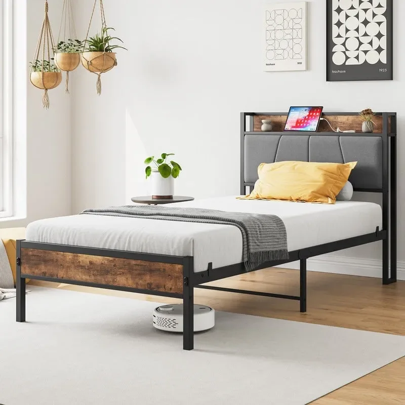 Metal&Wood Platform Bed with Storage Linen Headboard and Charging Station