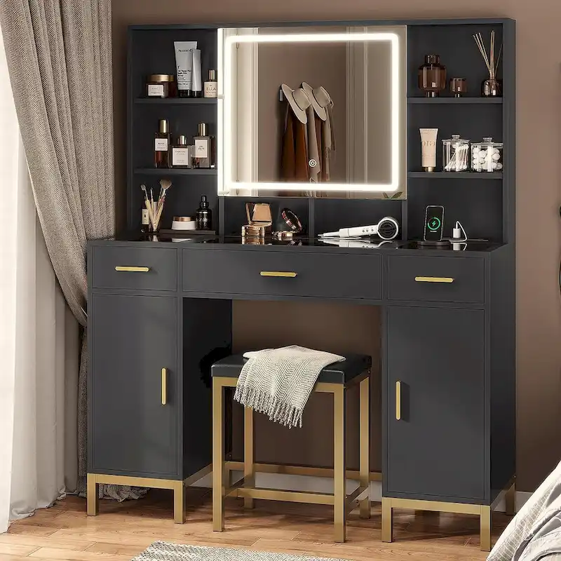 Makeup Vanity Set with Lights in 3 Colors Glass Desktop