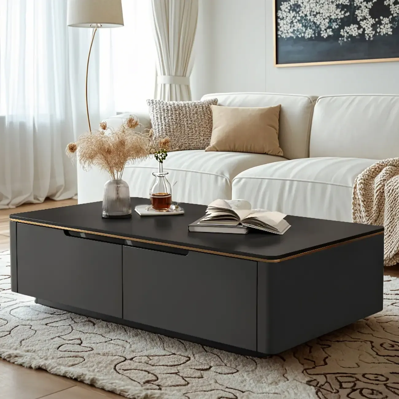 1 Tier Minimalistic Black Coffee Table with 4-Drawer