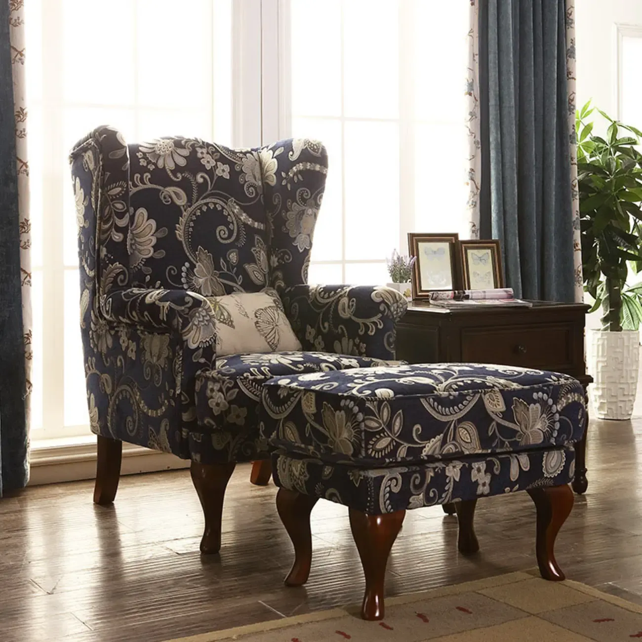 Traditional Fabric Wingback Chair with Ottoman for Living Room