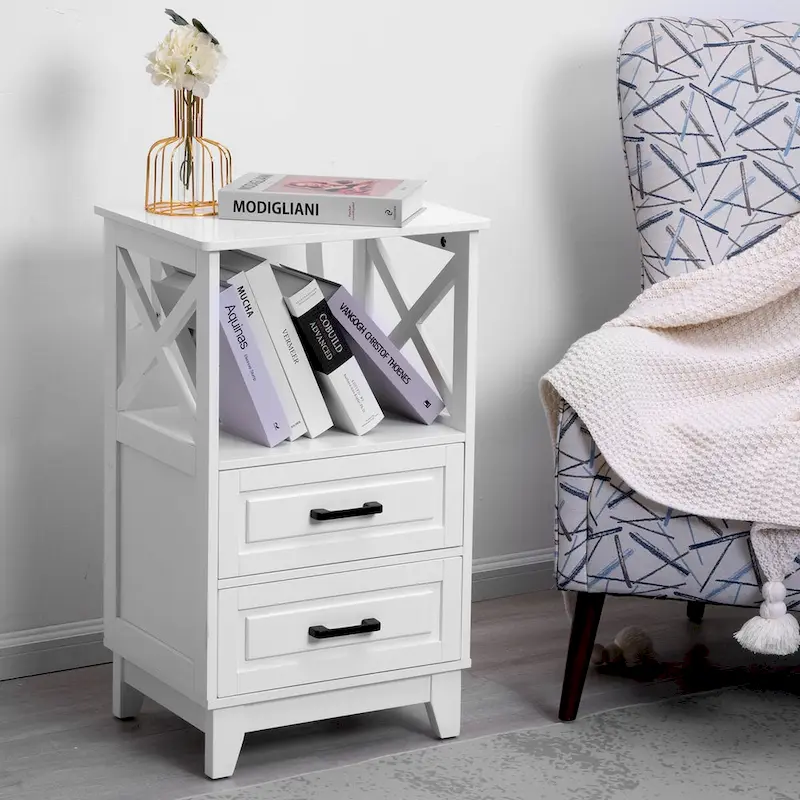 2-Drawer White Wooden Nightstands Storage Cabinet