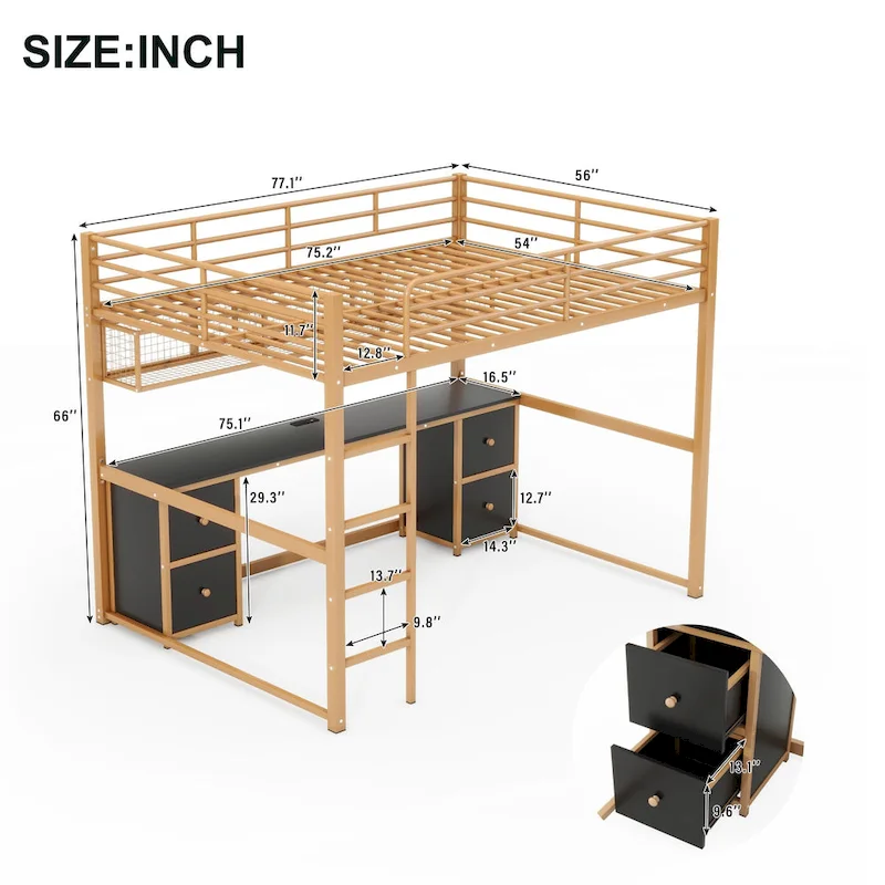 Gold+Black Full Metal Loft Bed with Desk, Drawers & Charging Station