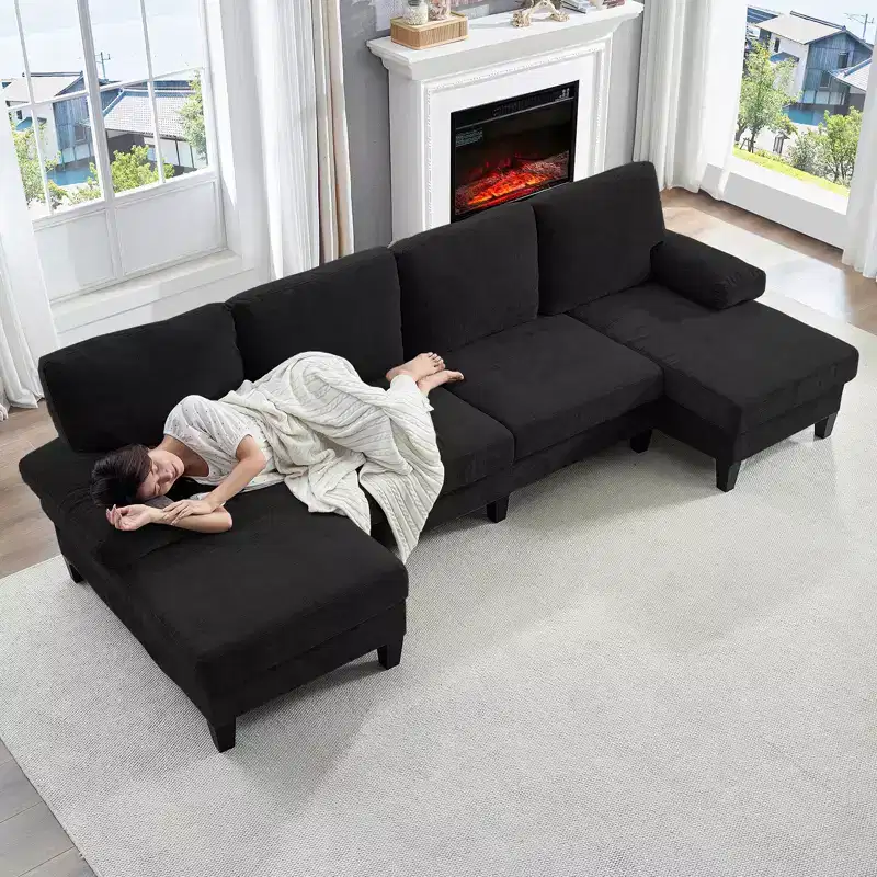 Mjkone 110U-Shaped Sectional Couches,Chenille Upholstered Large 4-Seater Sofa with Double Chaises and Sleepable Armrests
