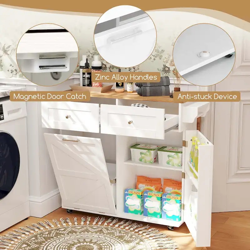 Drop-Leaf Rolling Kitchen Island Cart with Trash Cabinet & Storage – Black / White, Single