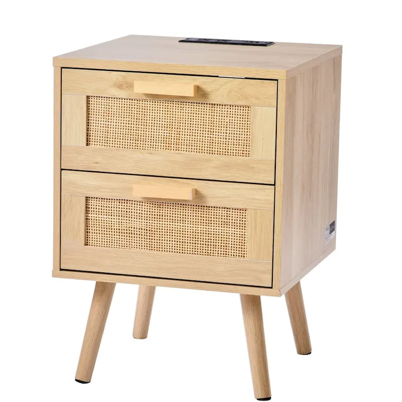 Natural Wooden Nightstand Side End Table with 2 Rattan Decorated Storage Drawers and USB Ports