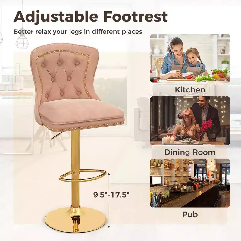 Set of 2 Bar Chairs Dutch Velvet Bar Stool with Footrest Metal Base Anti-Slip Ring Pink/Beige/Grey