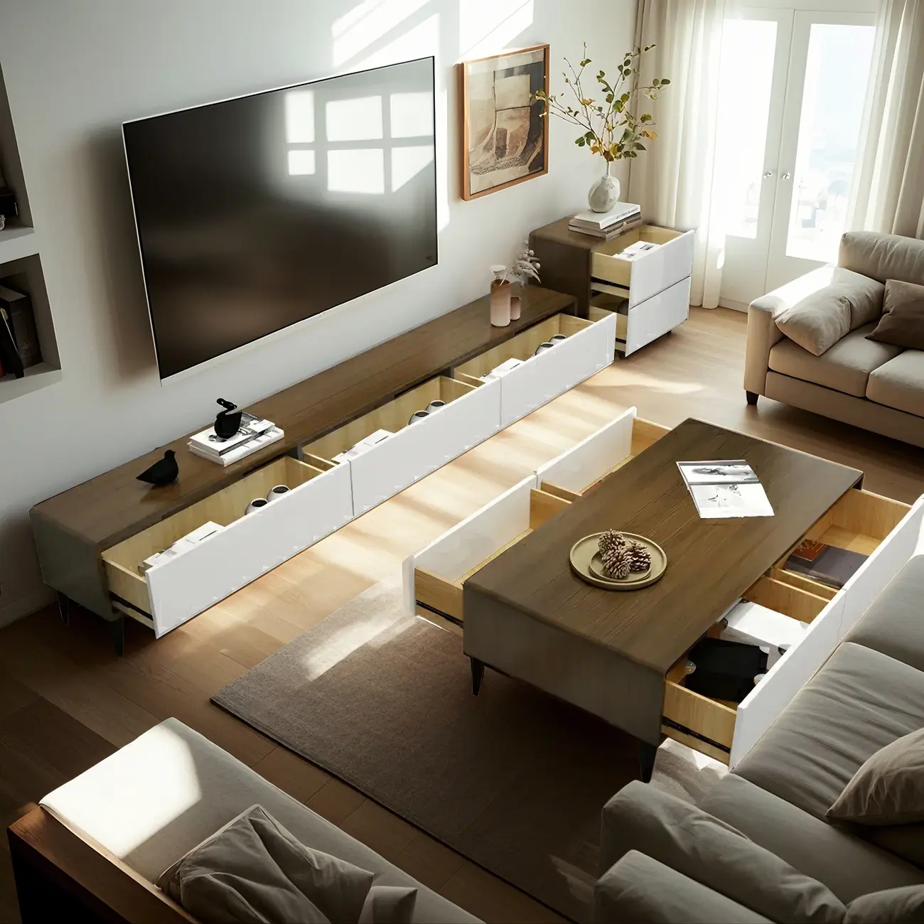 63 Modern Brown Rectangle 3-Drawer Pine Wood TV Stand